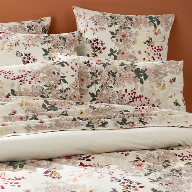 Lot de 2 taies percale de coton lavé VINTAGE FLOWERS cranberry <span itemprop=
