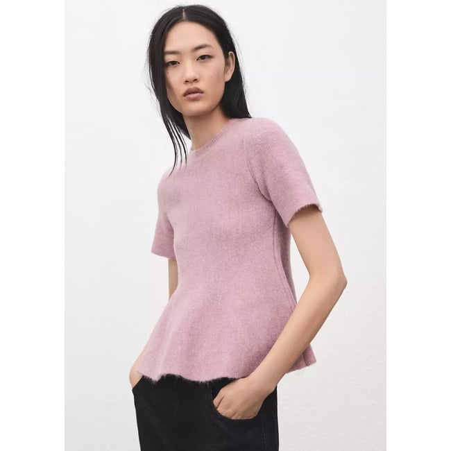Pull péplum à manches courtes rose pastel <span itemprop=