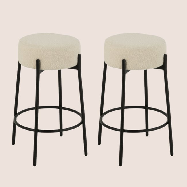 Tabourets de bar en métal noir et bouclette (lot de 2) - GERDA Couleur blanc <span itemprop=