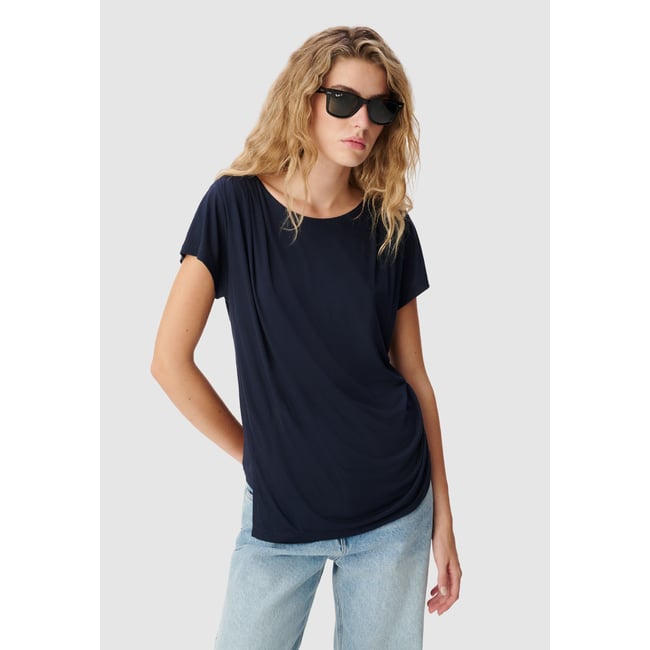 Tee-shirt fronces épaule et côté bleu marine <span itemprop=
