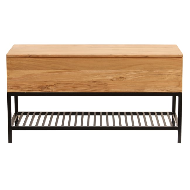 Banc d'entrée industriel avec coffre de rangement en bois massif et métal noir L100 cm SORG Couleur marron <span itemprop=