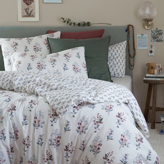 Housse de couette coton lavé, Jeanne imprimé fond blanc <span itemprop=