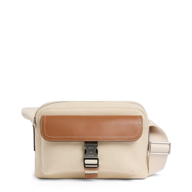 Sac bandoulière petit en toile naturelle et cuir lisse MAURICE marron naturel tan <span itemprop=