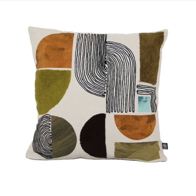 Coussin brodé motif géométrique en coton kaki <span itemprop=
