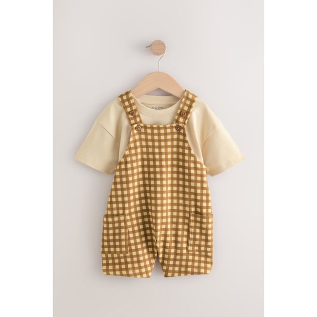 T-shirt manches courtes salopette en jersey vichy brun bronzé <span itemprop=