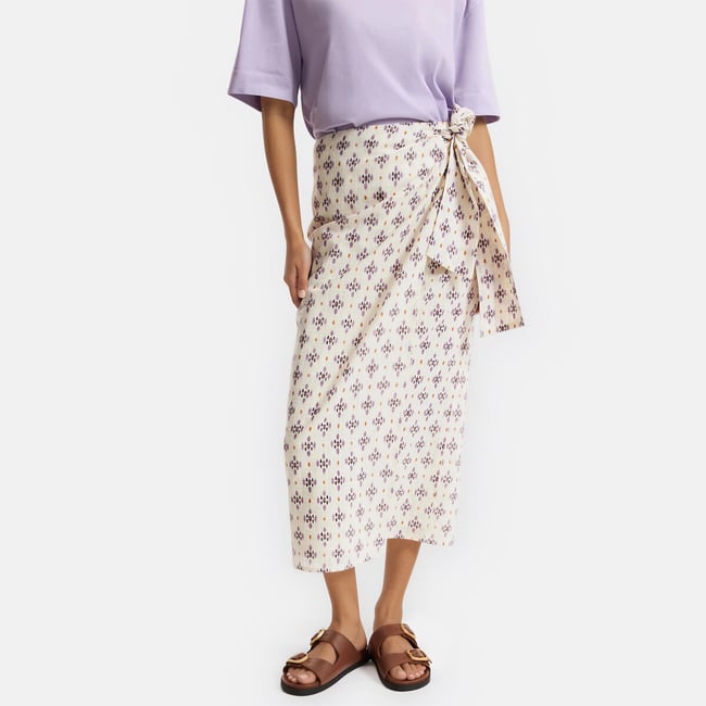 Jupe portefeuille midi imprimée à nouer imprimé mauve <span itemprop=