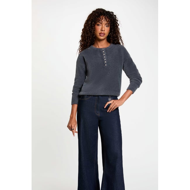 Pull col rond à boutons denim gris fonce <span itemprop=