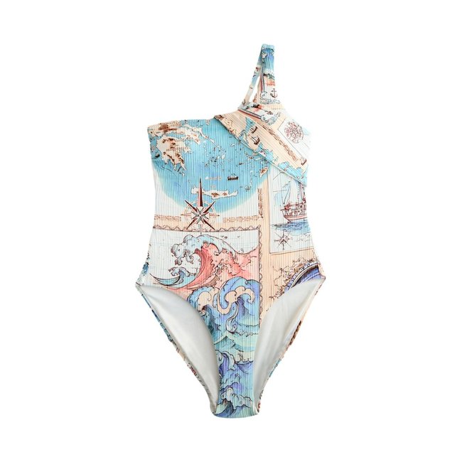 Maillot de bain gainant côtelé asymétrique carte crème/bleue <span itemprop=