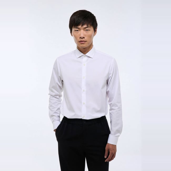 Chemise ville double retors col italien en coton blanc <span itemprop=
