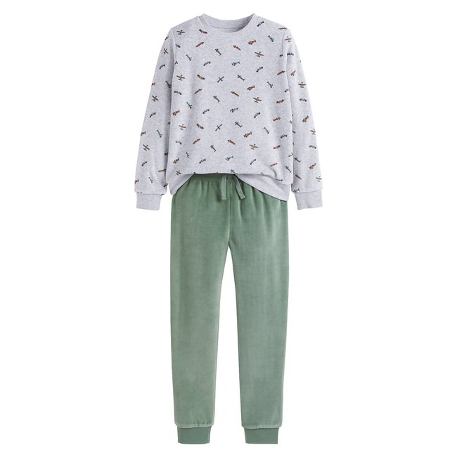 Velour Pyjamas with Planes/Cars Print, grey marl + green, LA REDOUTE COLLECTIONS