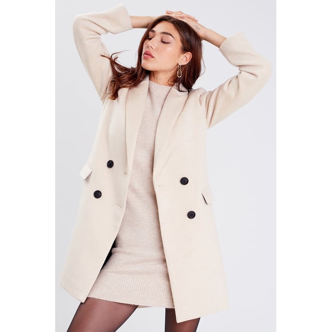 Manteau droit boutonné beige <span itemprop=