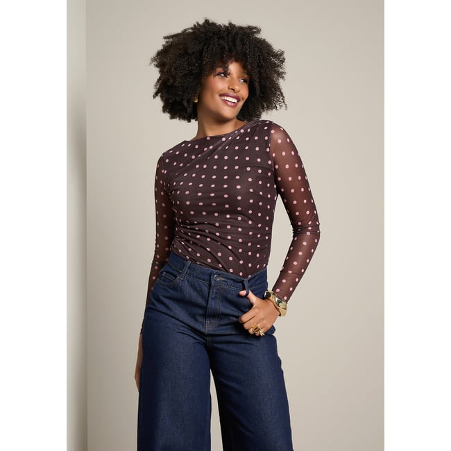 Top en mesh à pois brun fonce chocolate <span itemprop=