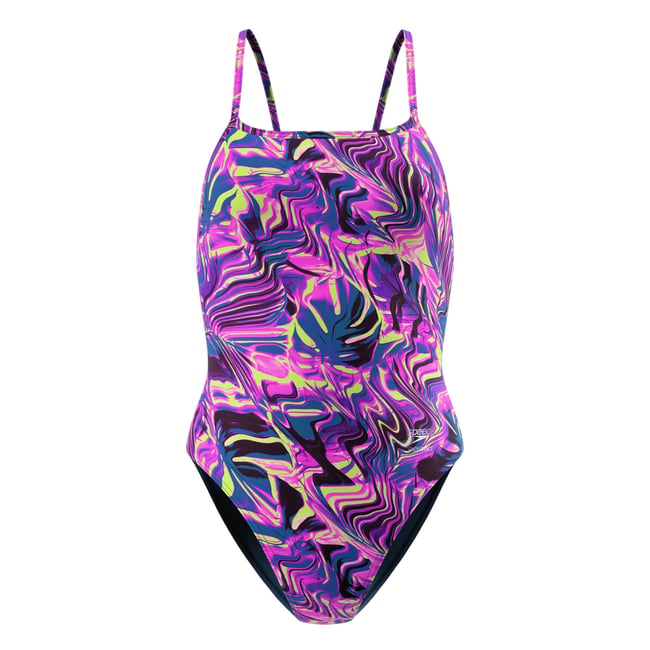 Maillot de bain 1 pièce dos à sangles fines motif/style tourbillon rose <span itemprop=