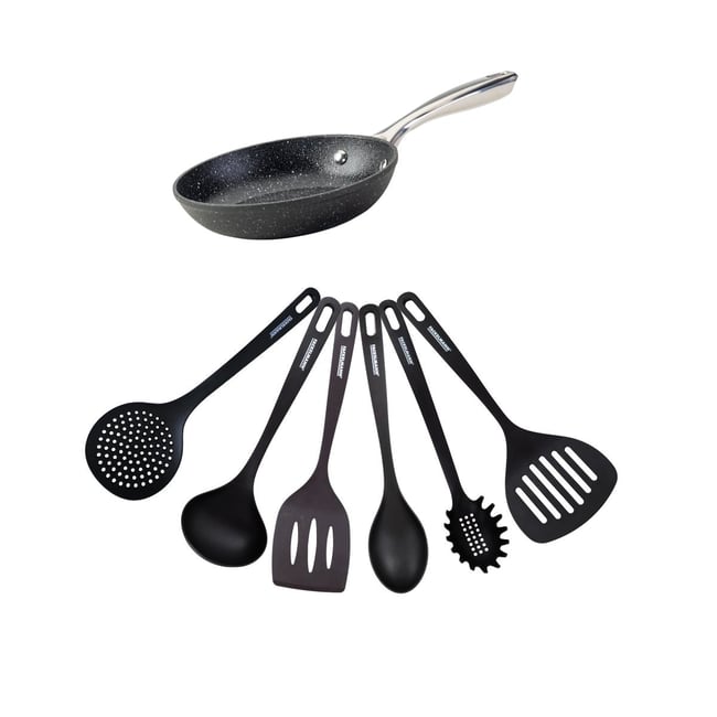 Set poêle 20 cm fonte alu céramique et 6 ustensiles CROSSROAD noir|gris <span itemprop=
