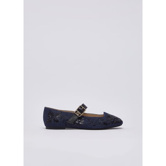 Ballerines en denim avec broderies denim foncé <span itemprop=