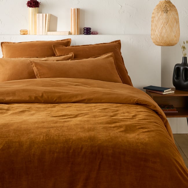 Housse de couette biface velours/coton lavé Noria bronze <span itemprop=