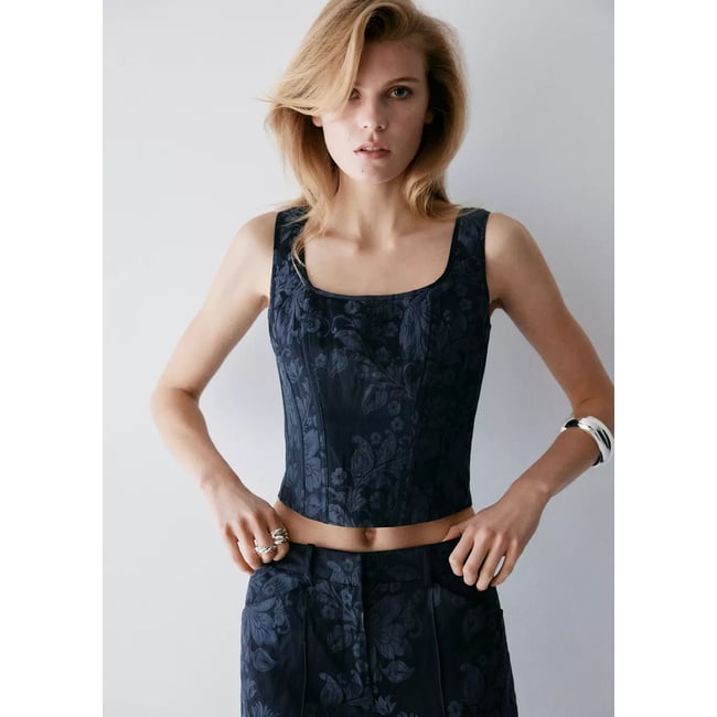 Top style corset imprimé à fleurs bleu <span itemprop=