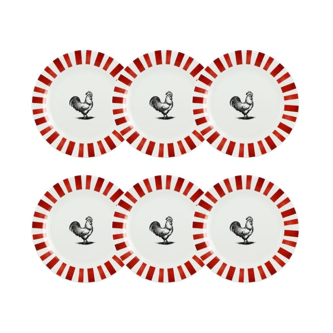 Lot de 6 assiettes plates en porcelaine, COCORICO Couleur blanc-rouge <span itemprop=