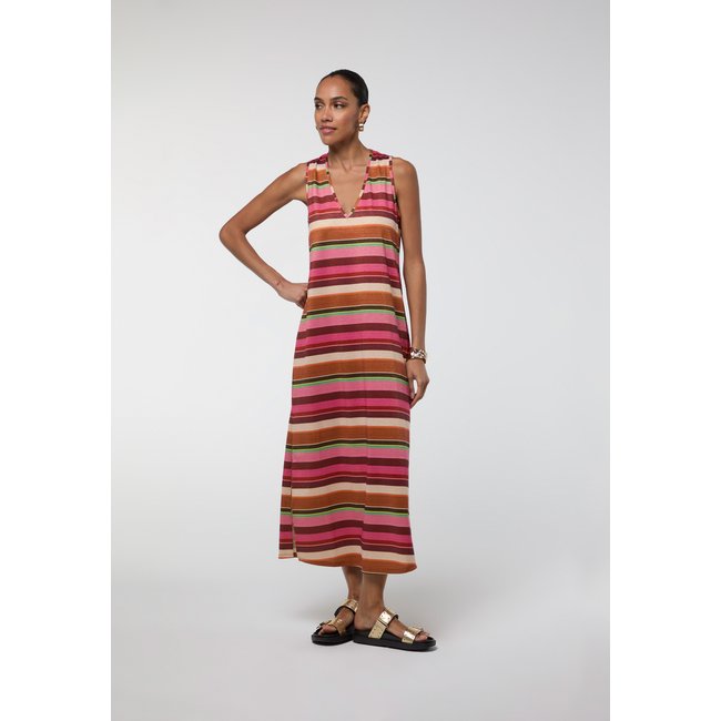 Robe longue rayée en fil textile rose <span itemprop=