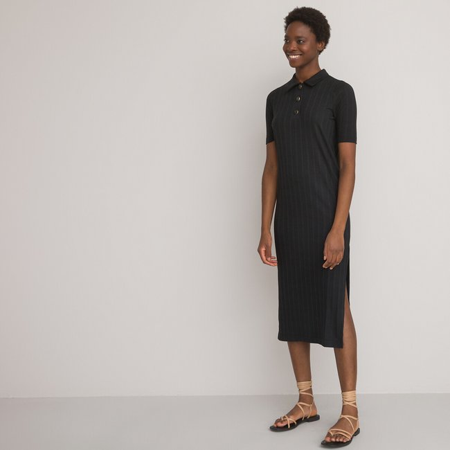 Vestido comprido com gola polo, malha canelada preto <span itemprop=