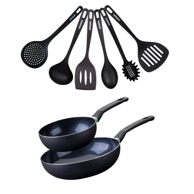 Set de 2 woks de 20 et 6 ustensiles BRANDAO noir|vert <span itemprop=