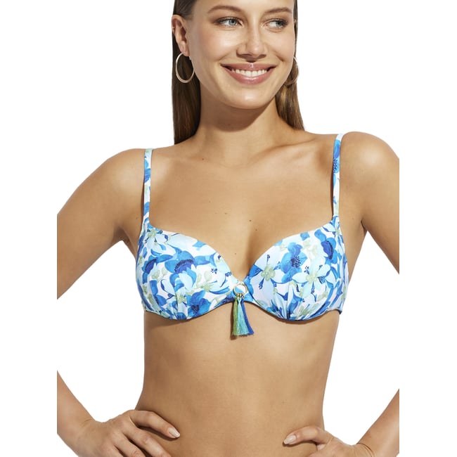 Haut maillot de bain préformé multipositions Rosé bleu <span itemprop=