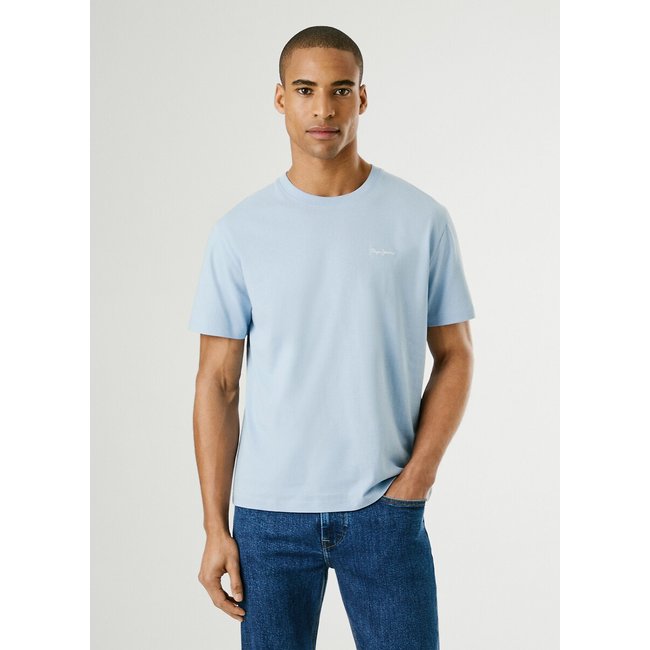 T-shirt girocollo con logo ricamato azzurro PEPE JEANS