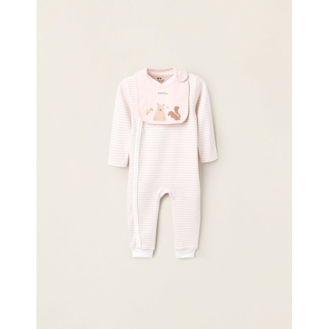 Grenouillère sans Pieds + Bavoir rose clair <span itemprop=