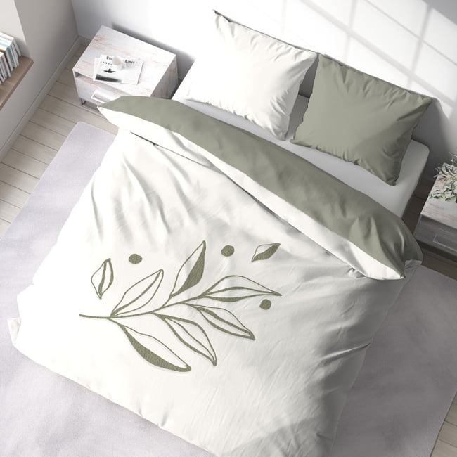 Parure de couette tufte 3pcs coton lave bci herbier blanc <span itemprop=