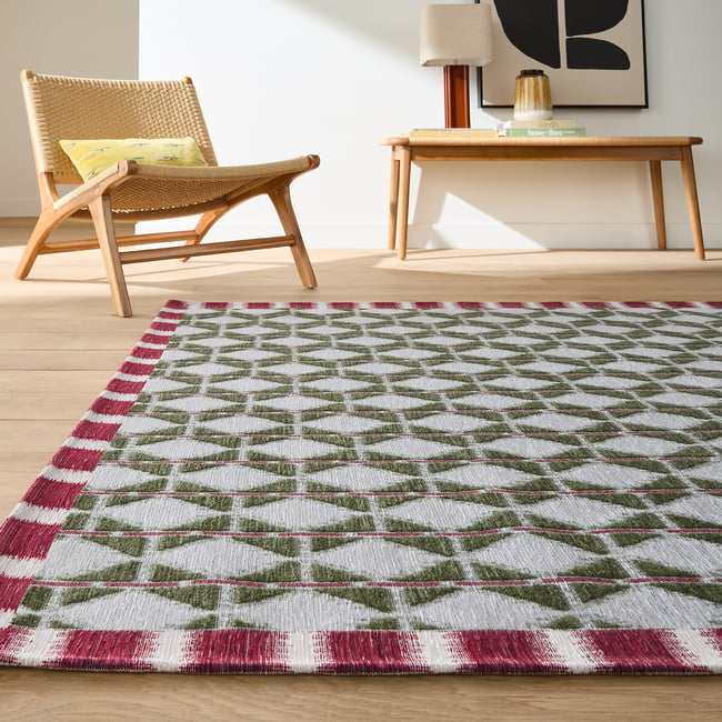 Tapis motifs géométriques, 48% acrylique, 34% polyester, 18% coton, YSE Couleur bleu grisé / rose <span itemprop=