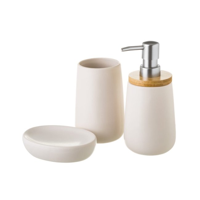 Set salle de bain céramique blanche et bambou - 3 pièces Couleur blanc <span itemprop=