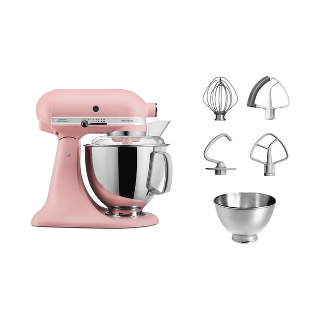 Robot pâtissier 5KSM175PSEDR rose poudré, 4,8 L, bol avec poignée + bol 3 L, batteur souple et couvercle - KITCHENAID