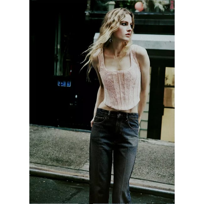 Jean droit taille haute bleu foncé vintage <span itemprop=