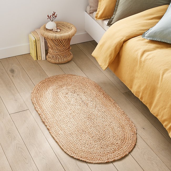 Alfombra de cama ovalada de yute, Aftas natural <span itemprop=