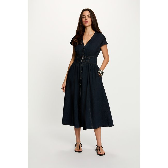 Robe mi-longue en jean bleu <span itemprop=