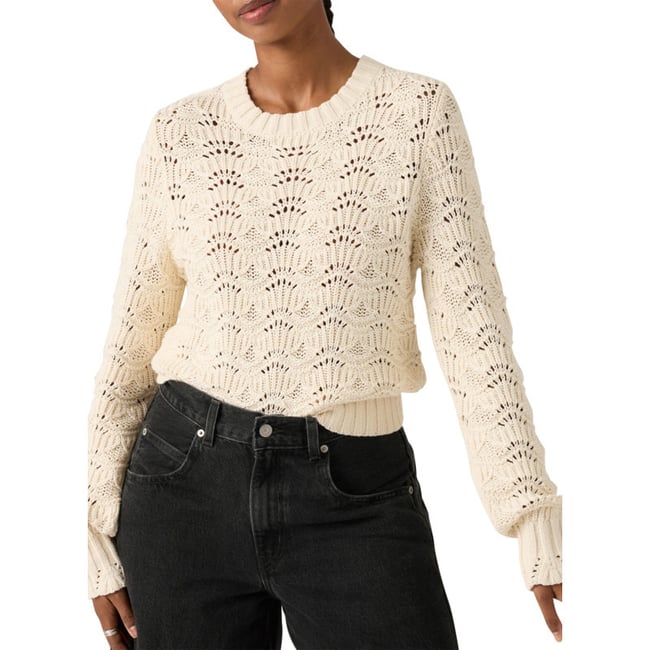 Pull en coton écru à coupe ajustée pourvu d'un col rond côtelé beige <span itemprop=
