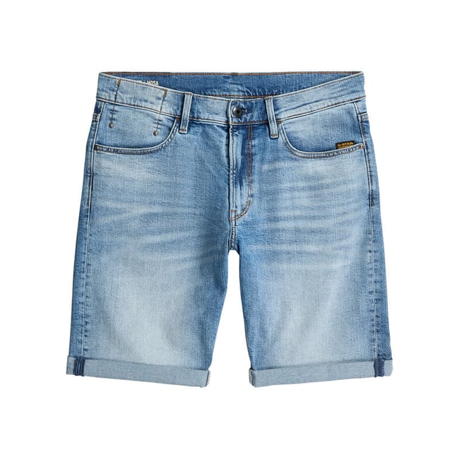 Short 5 poches en coton bleu délavé avec une braguette zippée bleu <span itemprop=