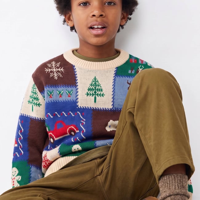 Pull col rond jacquard contenant de la laine bison <span itemprop=
