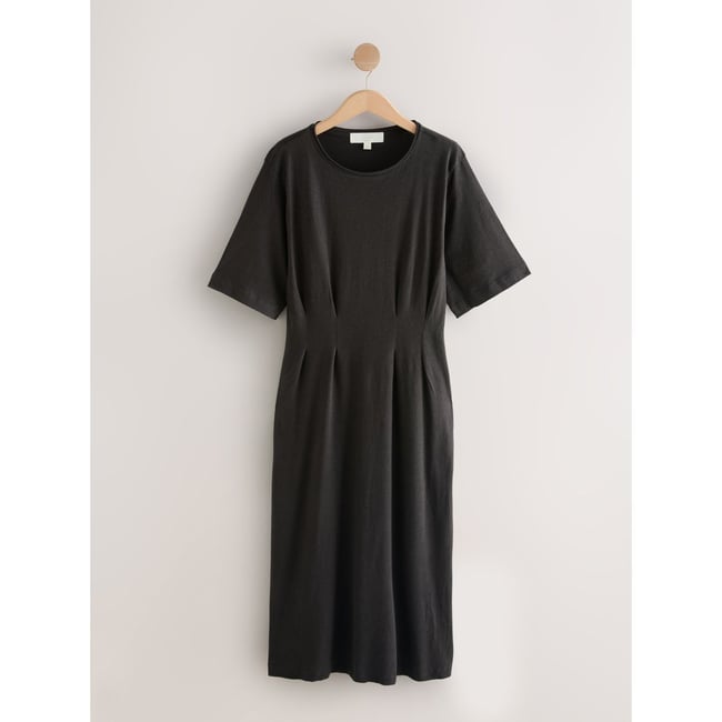 Robe midi à manches courtes en lin mélangé marron chocolat <span itemprop=