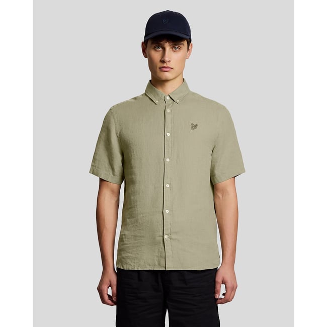 Chemise manches courtes en lin vert herbiers marins <span itemprop=