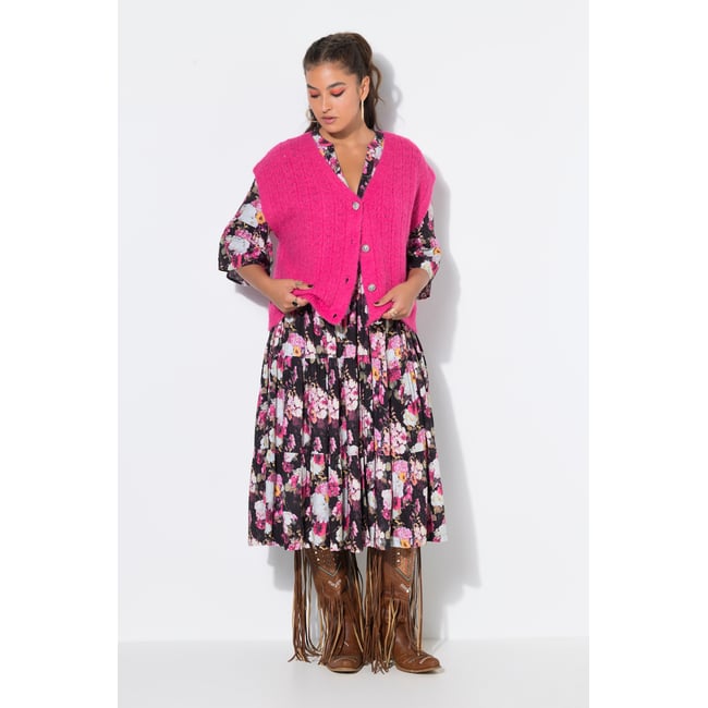 Gilet en maille ajourée, boutons fantaisie rose vif fuchsia <span itemprop=