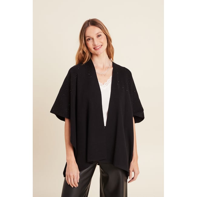 Poncho mi-long avec strass noir <span itemprop=