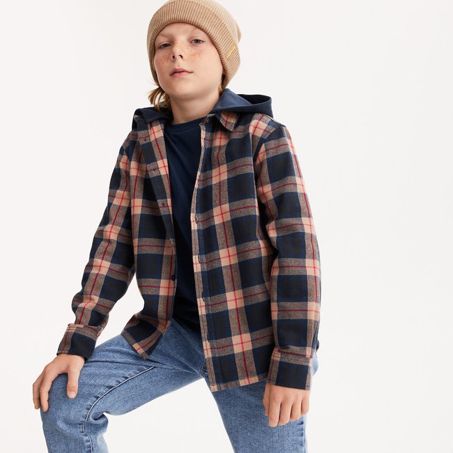 Camisa con capucha, manga larga, cuadros cuadros azul marino <span itemprop=