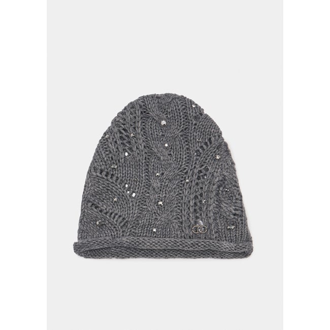 Bonnet en laine mélangée avec strass gris <span itemprop=
