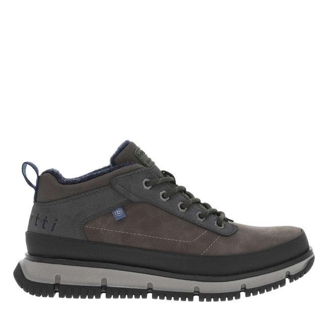 Bottines taupe à talon plat avec lacets ronds verts, logo bleu et semelle grise marron <span itemprop=