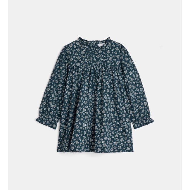 Robe évasée tulipe popeline coton bio bleu et écru <span itemprop=