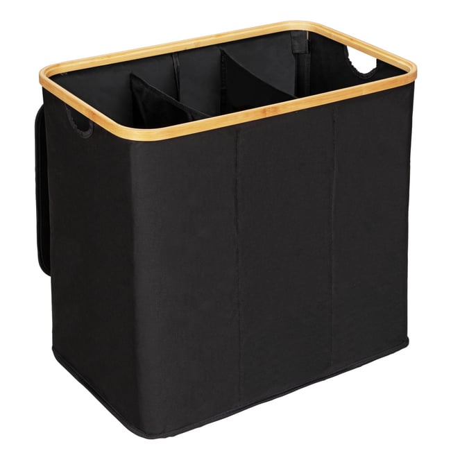 Panier à linge 3 compartiments ECORI Couleur noir et bois <span itemprop=