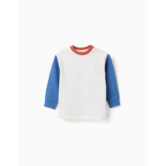 T-shirt en coton à manches longues avec poche bleu <span itemprop=