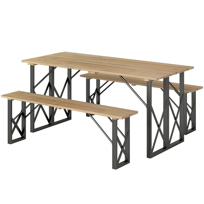 Ensemble table et 2 bancs en bois et acier 6 personnes espace parasol marron <span itemprop=