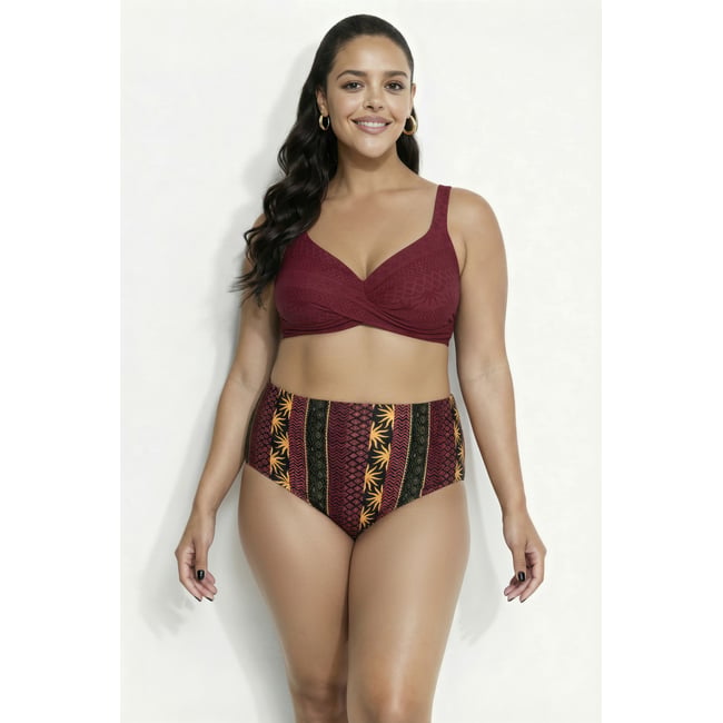 Bikini motif bohème, avec bonnets souples rouge pur <span itemprop=